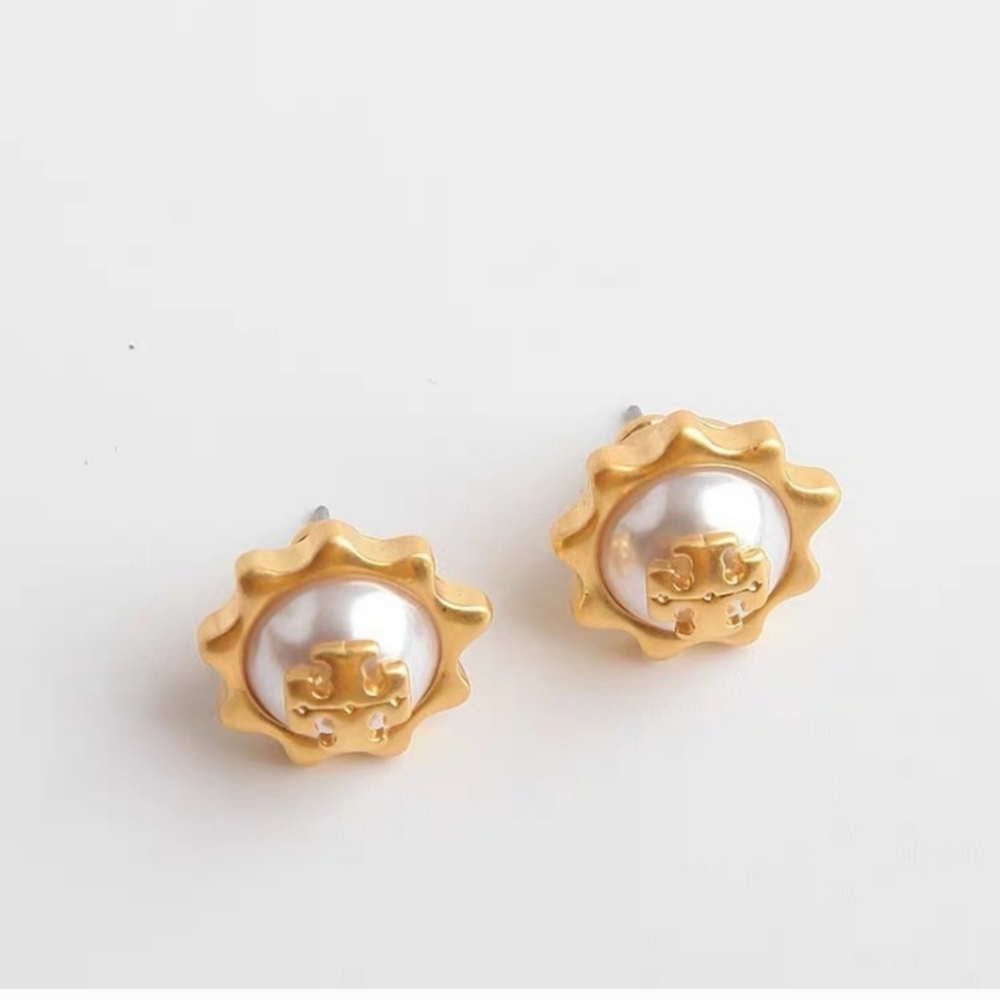 Tory Burch Sunflowers Pearl & Gold Logo Stud Earrings